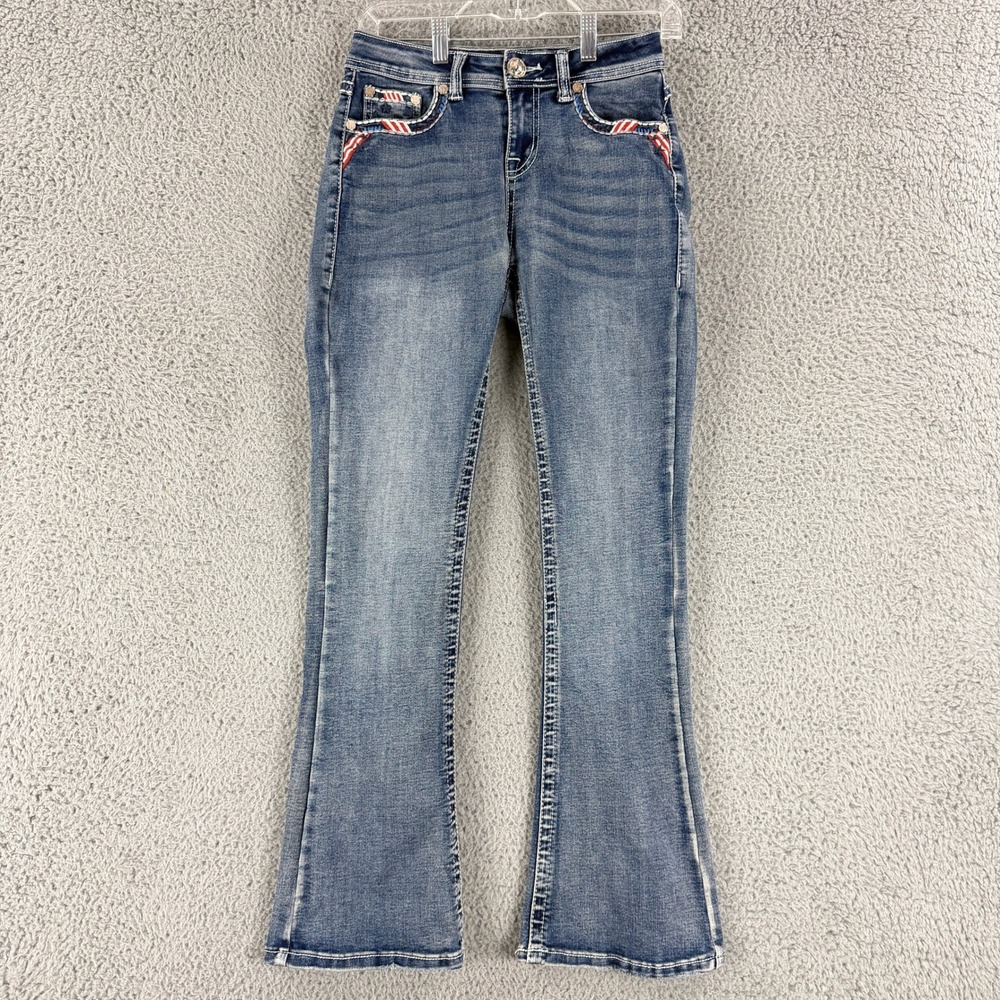 Western Blue Bootcut Jeans Womens 3 American Flag Cross Embroidered Stretch Y2K